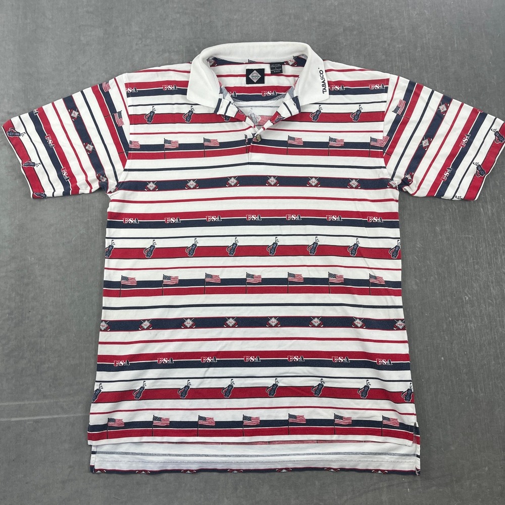 Tabasco Men Large‎ White Red Blue Polo Shirt USA Golf Striped Patriotic